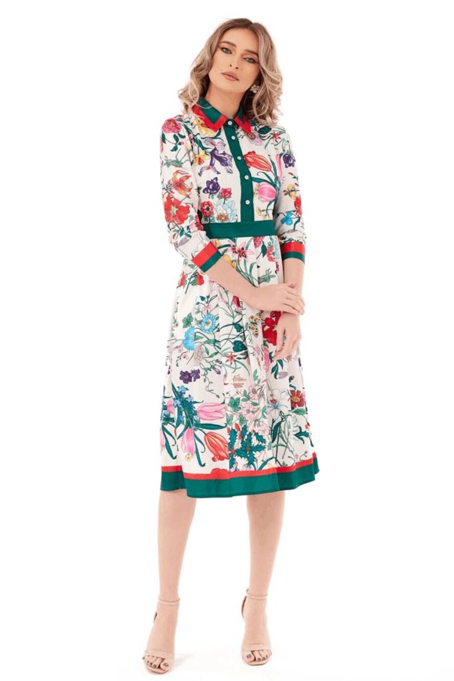 NWT Women's Floral Print Button-Up 3/4 Sleeve A-Line Silky Midi Dress SIZE M